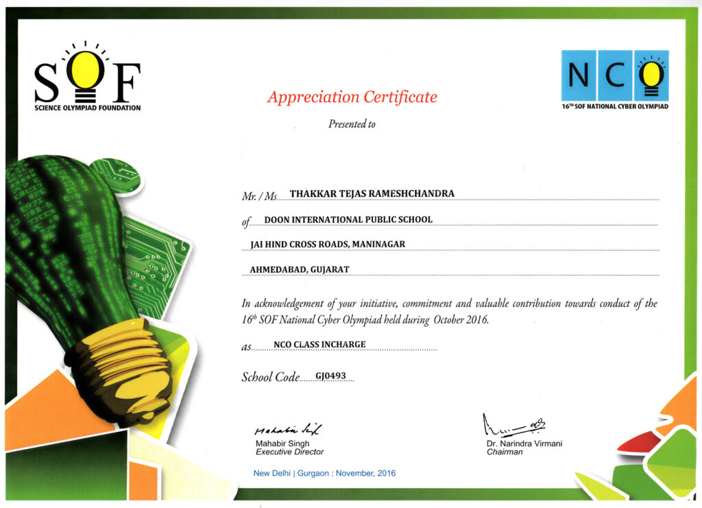 ​National Cyber Olympiad હેઠળ સ્કૂલ કો-ઓર્ડીનેટર તરીકે કરેલ શ્રેષ્ઠ કામગીરી બદલ સન્માન​
